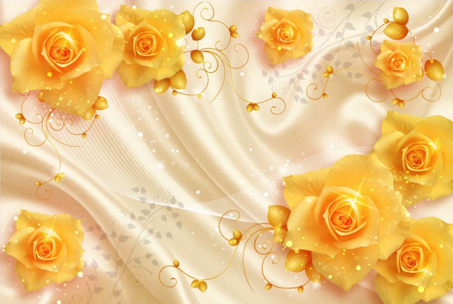 Фреска 3д Желтые розы и шелковая ткань