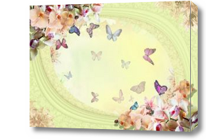 Картина 3D Бабочки и цветы на зеленом фоне